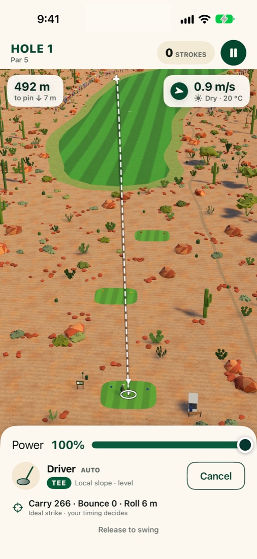 Aiming a drive on the desert course: the shot line runs down the fairway and the power bar is full.