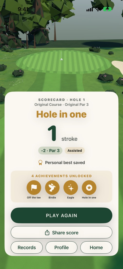 The scorecard after a hole in one, with four achievements unlocked.